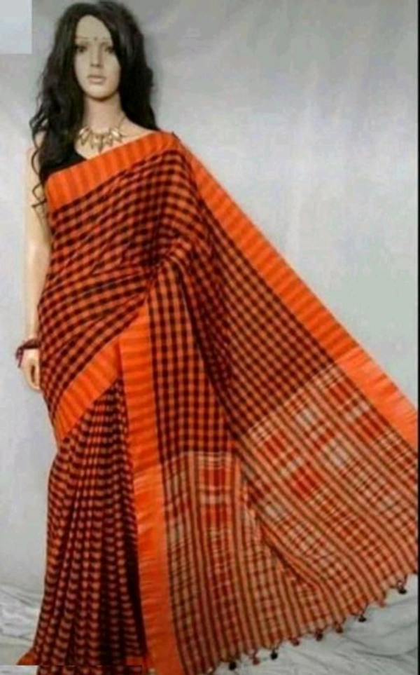 Handloom  Checked  Cotton Saree With Separate   Same louse Peace - Orange